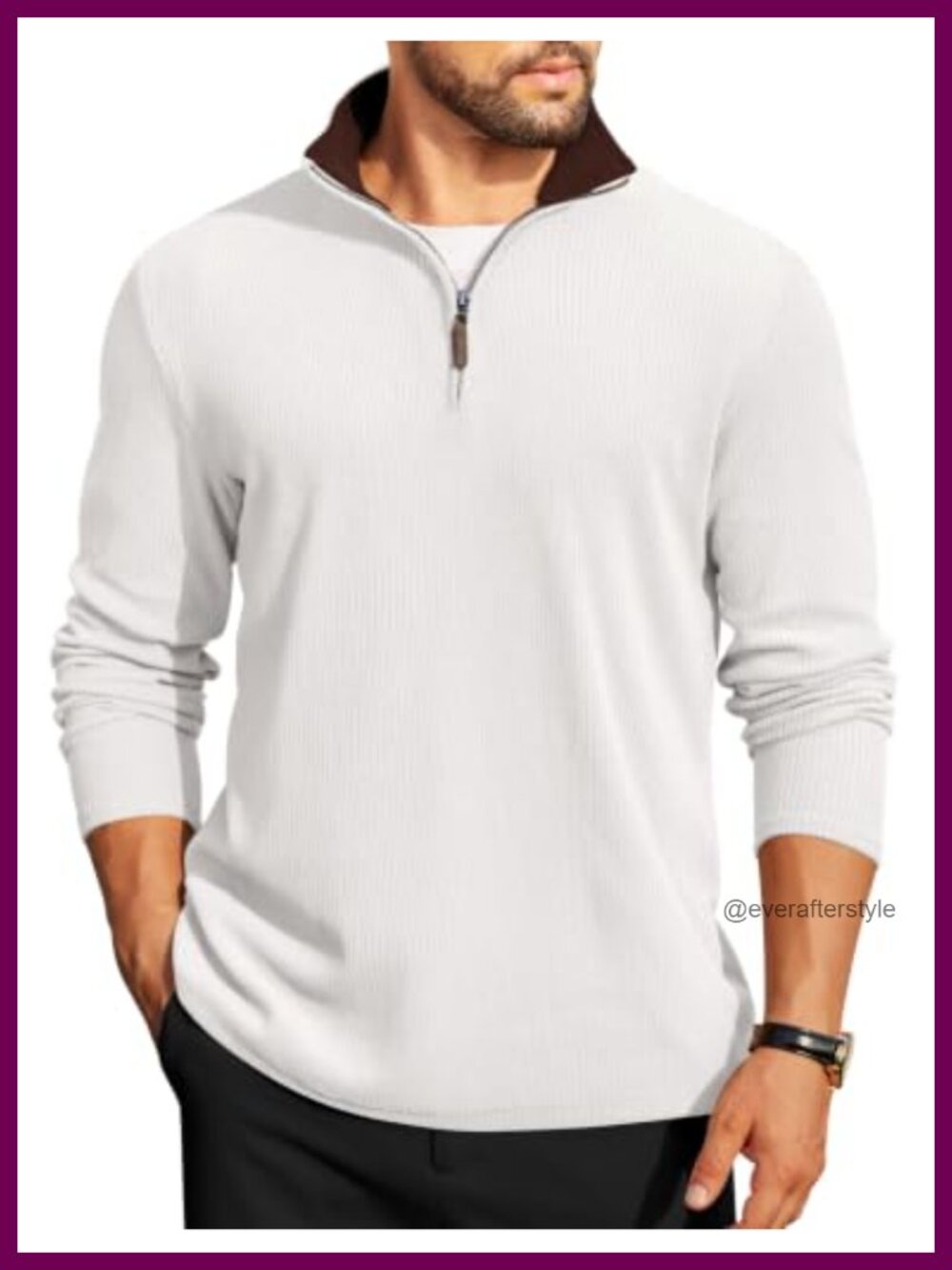 Men's Quarter Zip Corduroy Pullover Sweatshirt Contrast Collar Mock Neck Slim